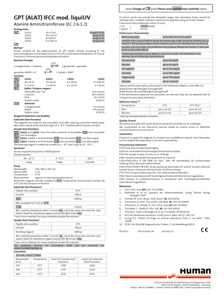 GPT (ALAT) Testing Reagent Information | PDF | Alanine