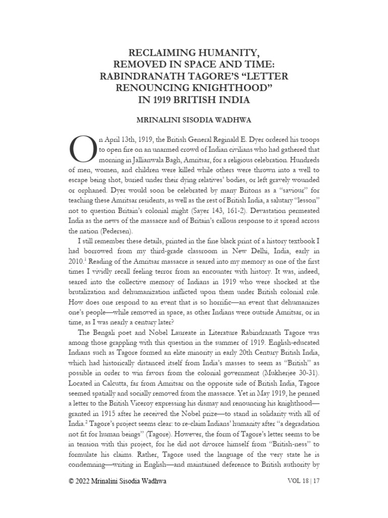 Reclaiming Humanity, Removed in Space and Time: Rabindranath Tagore's ...