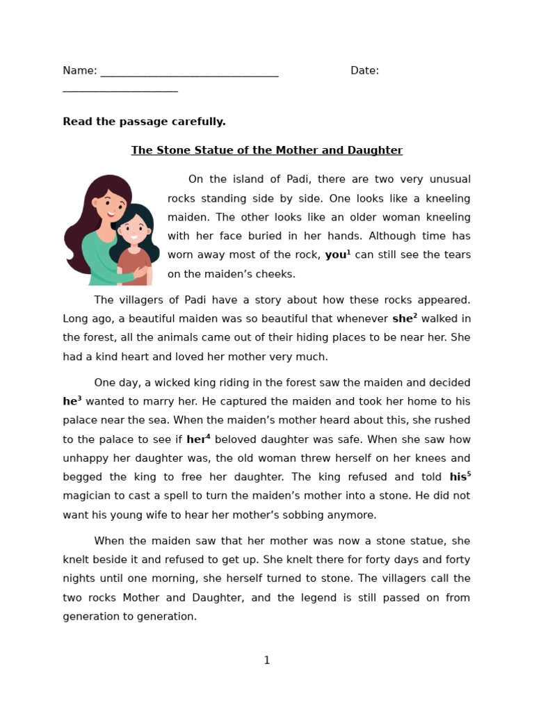 Comprehension Year 3 - The Stone Statue of The Mother and Daughter ...
