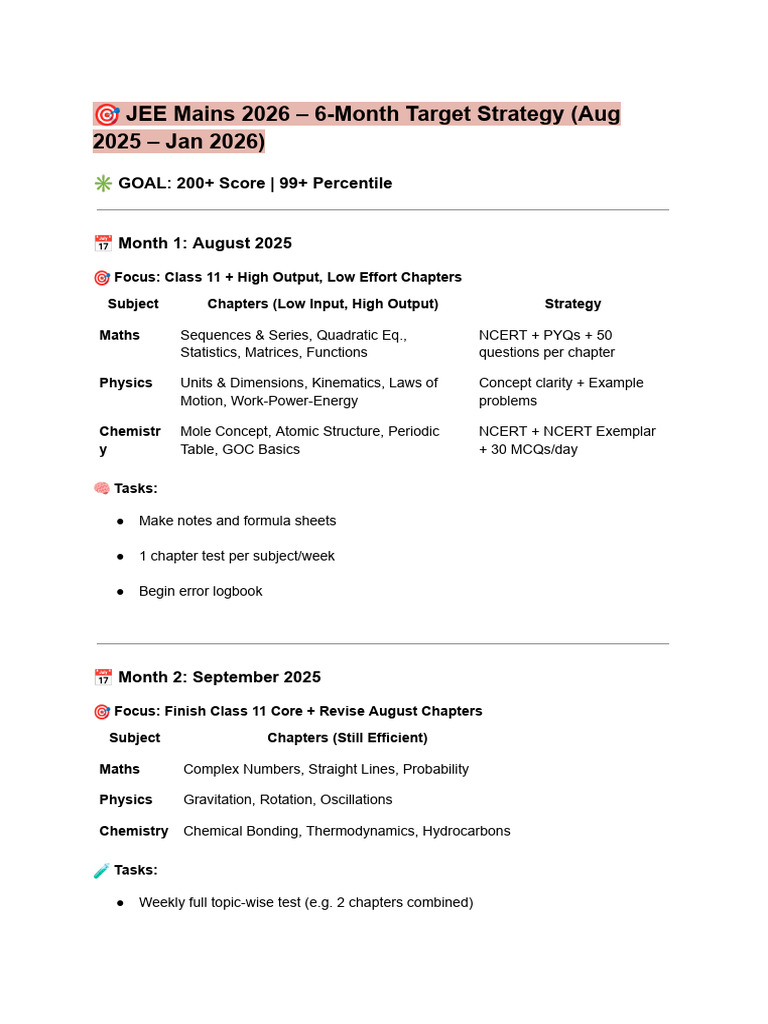 JEE Mains 2026: 6-Month Prep Guide | PDF | Chemistry | Physics