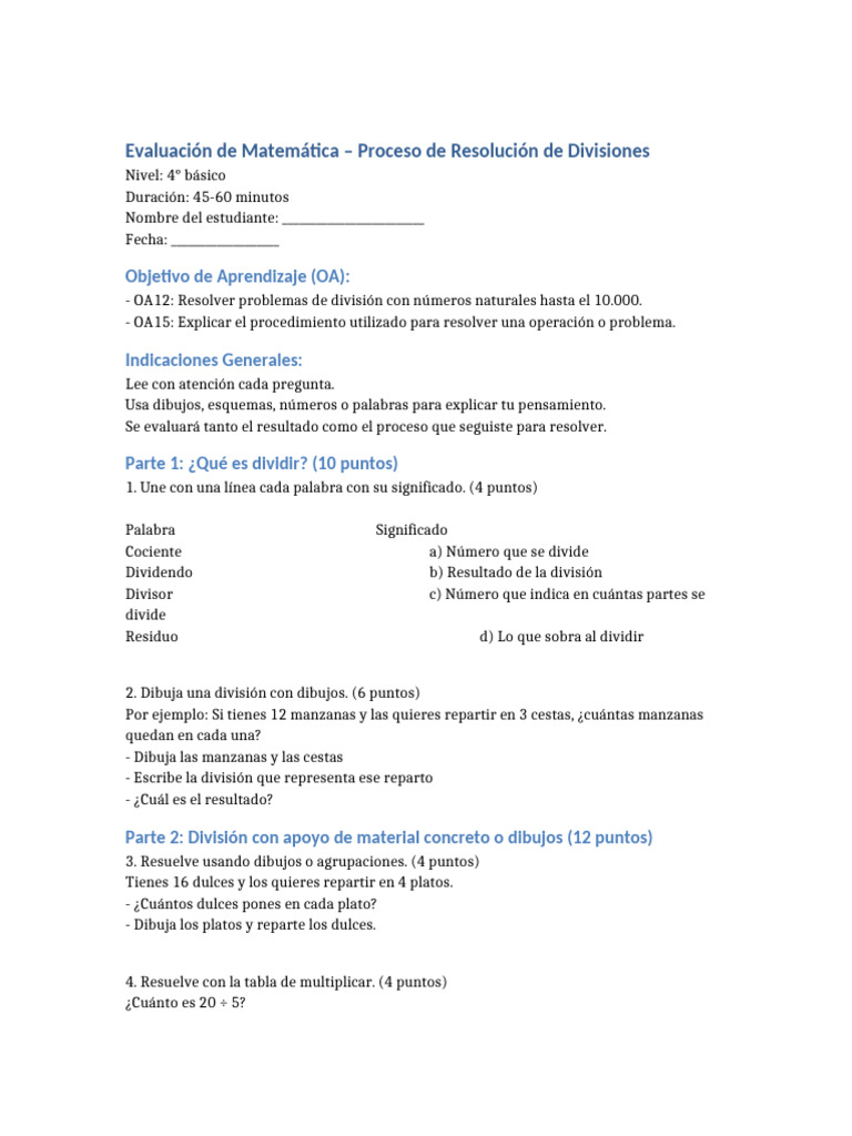Evaluaci%C3%B3n_Divisiones_4B%C3%A1sico | PDF | División (Matemáticas ...