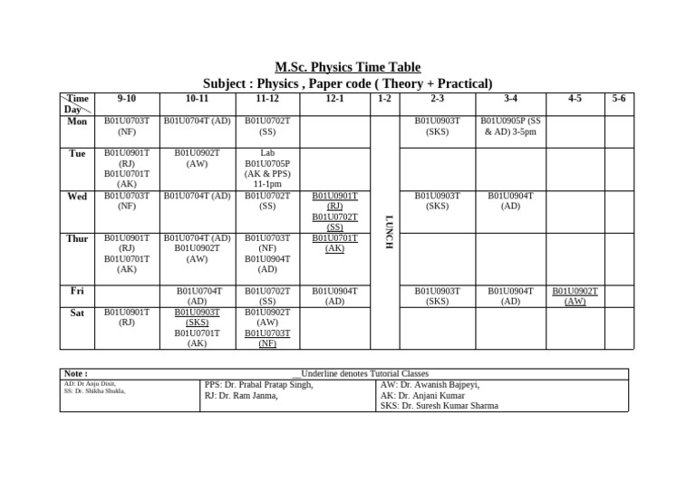 M.Sc. Physics Weekly Time Table | PDF