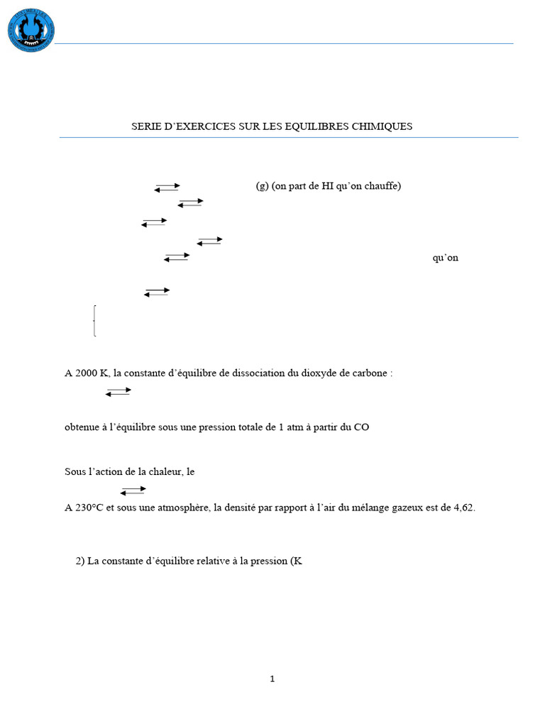 Exercices sur les Équilibres Chimiques | PDF | Équilibre chimique | Chimie