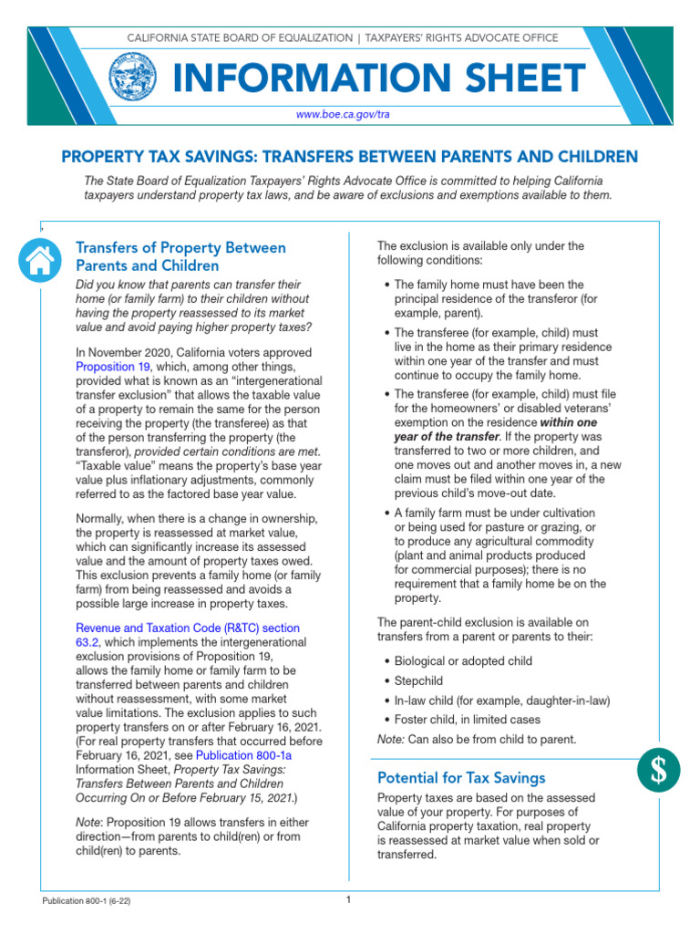 Info Sheet - Parent/Child Exclusion California Prop 19 | PDF | Property ...
