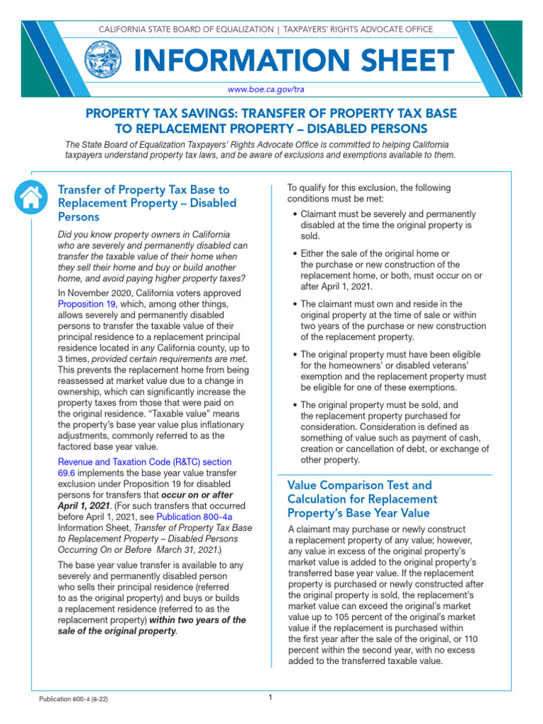 Info Sheet - Base Year Value Transfer Disabled California Prop 19 | PDF ...