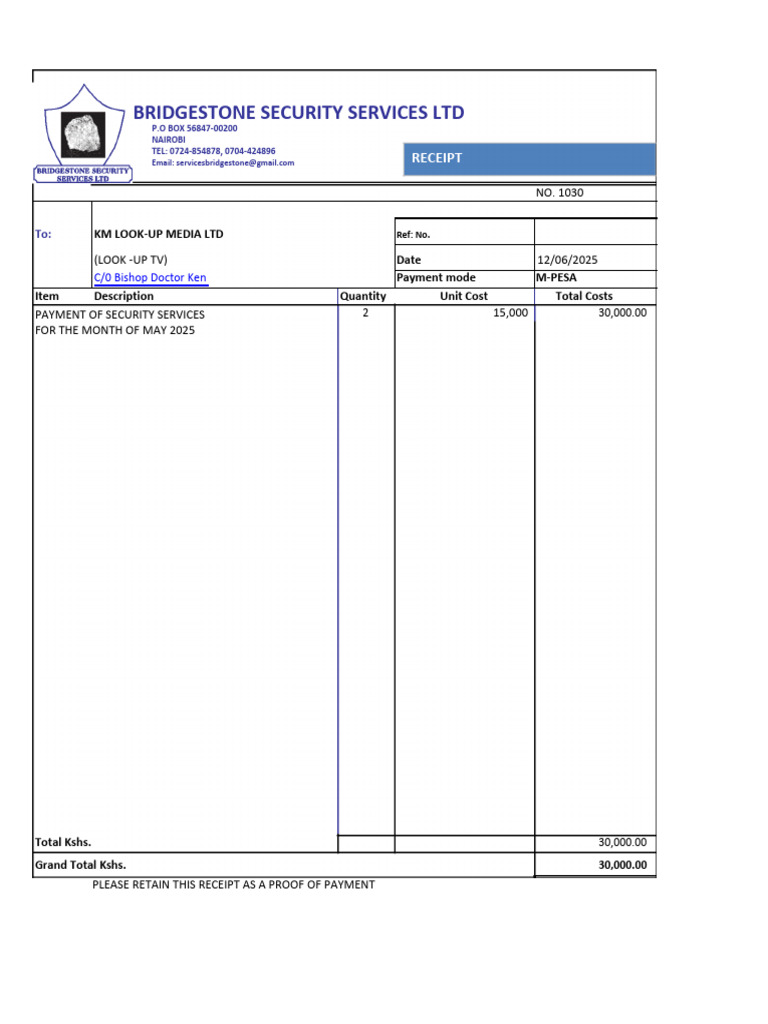 Bridgestone Security Services Receipt | PDF