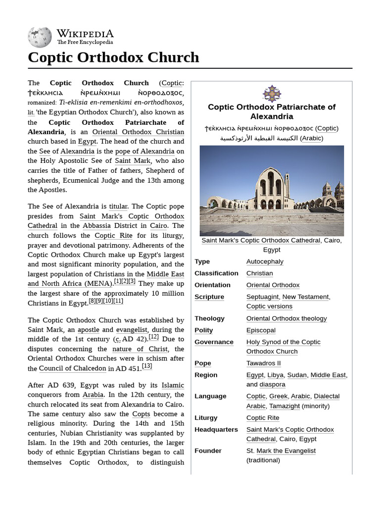 Coptic Orthodox Church Overview | PDF | Council Of Chalcedon | Eastern ...