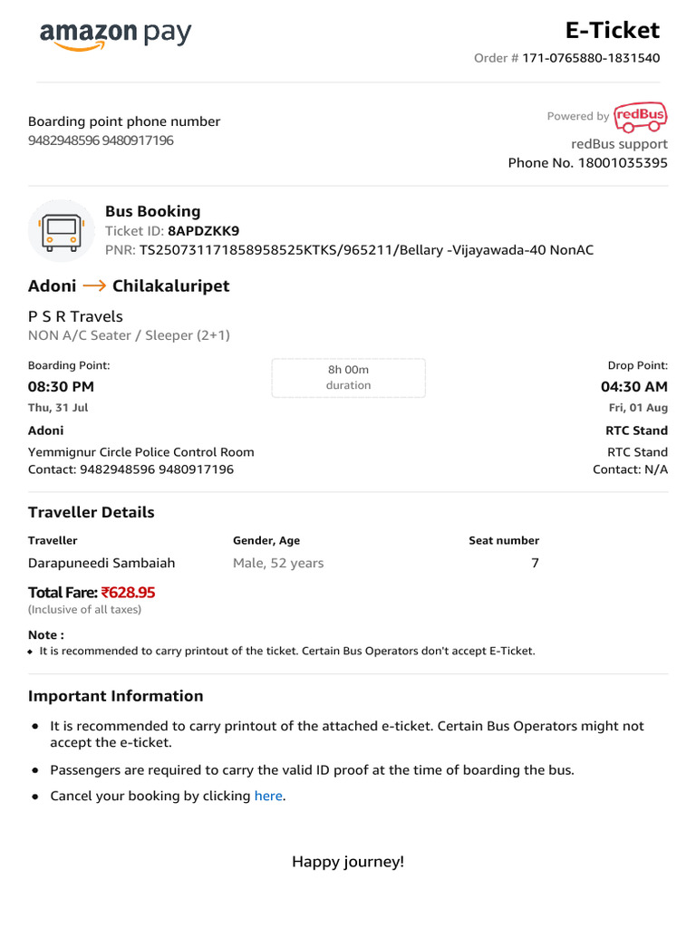 Amazon Bus Booking E-Ticket Details | PDF | Value Added Tax | Taxes