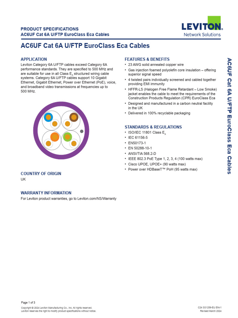Cat 6A U/FTP EuroClass Eca Cables | PDF | Manufactured Goods ...
