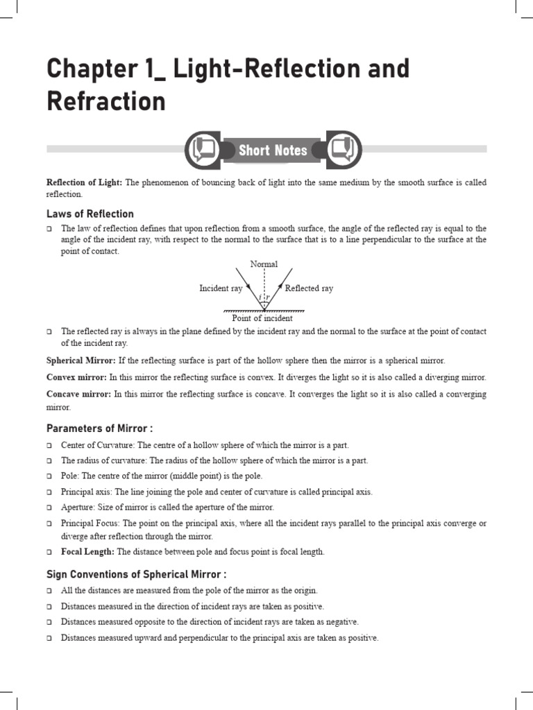 Light Reflection and Refraction Notes | PDF | Mirror | Sphere