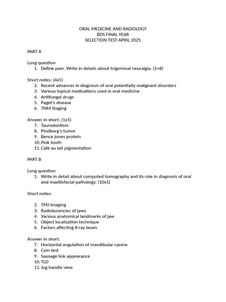 ORAL MEDICINE AND RADIOLOGY Selection Test | PDF
