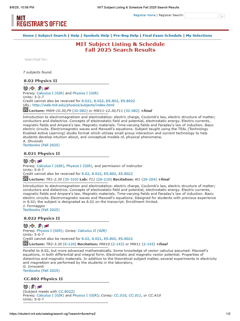 MIT Subject Listing & Schedule Fall 2025 Search Results3 | PDF ...