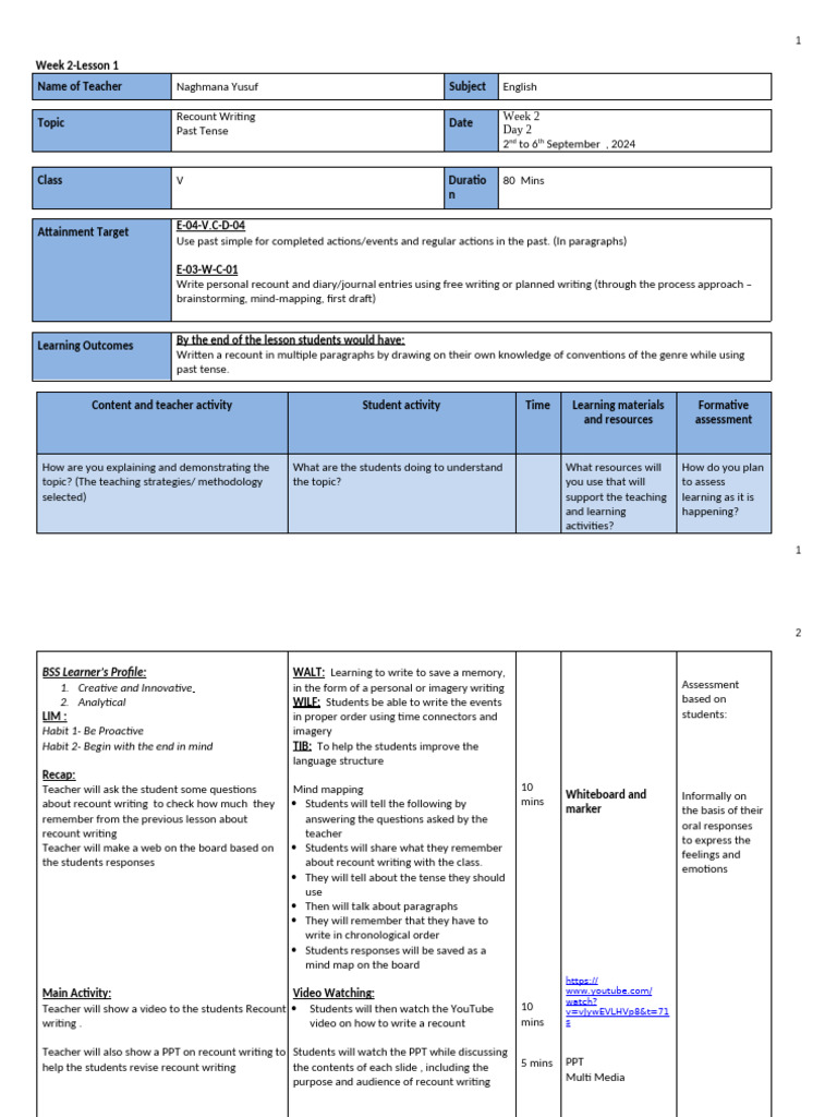 Recount Writing Lesson Plan for Class V | PDF | Learning | Human ...