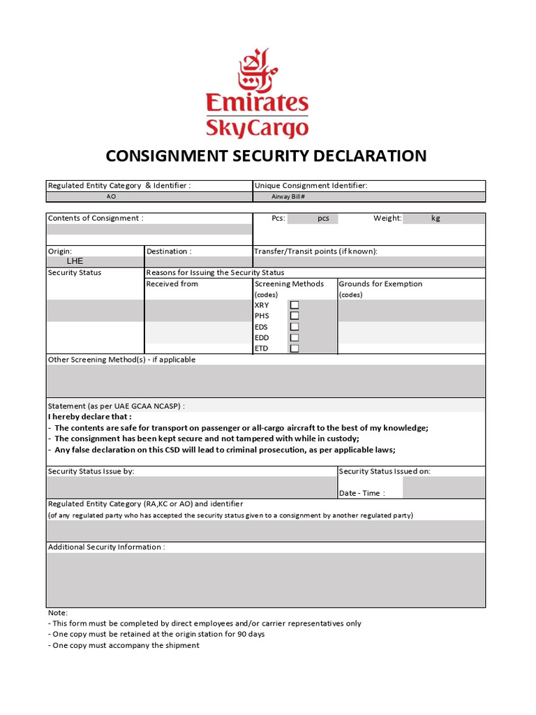 Consignment Security Declaration Form | PDF