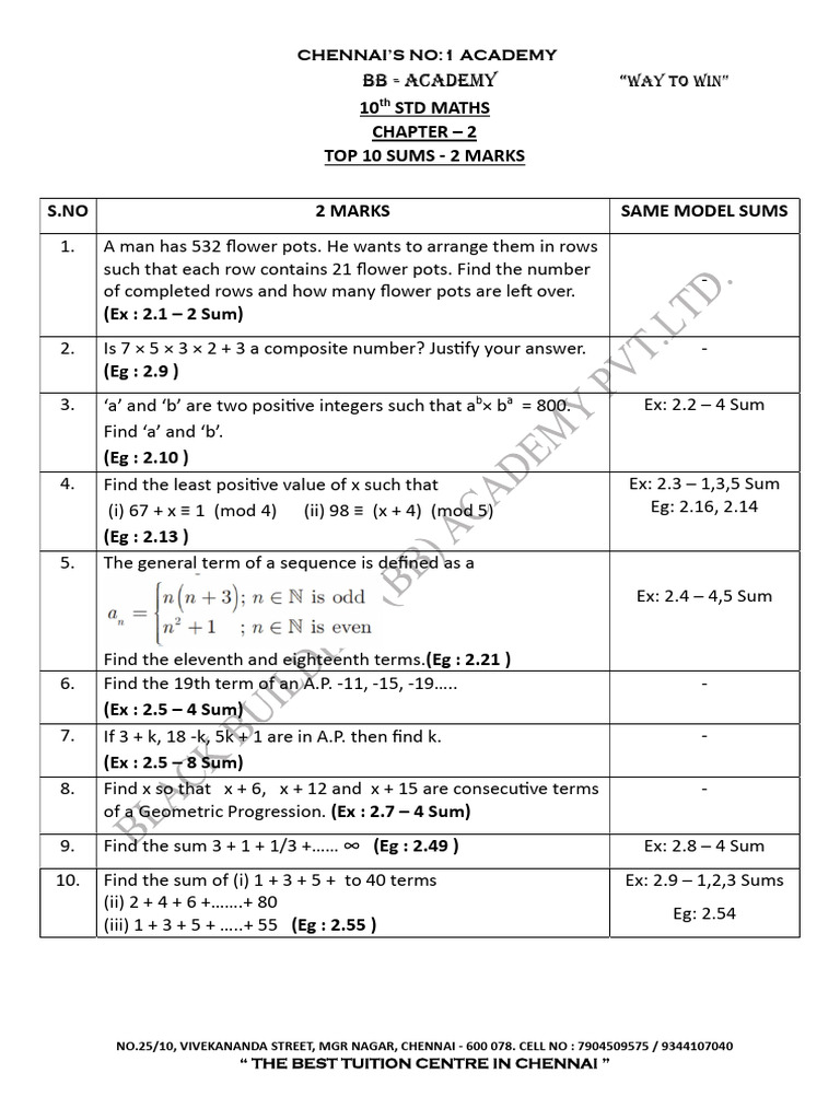 Top 10 Maths Problems for 10th Std | PDF | Arithmetic | Discrete ...