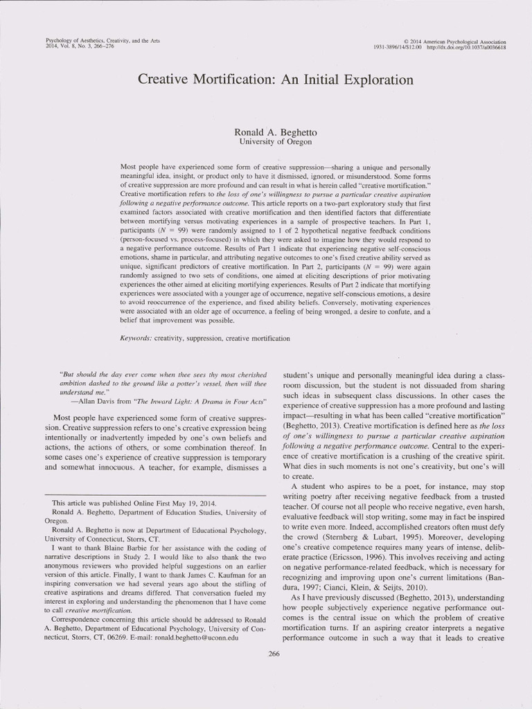 2014英Ronald a. Beghetto创造性挫败：初步探索Creative Mortification：an Initial ...