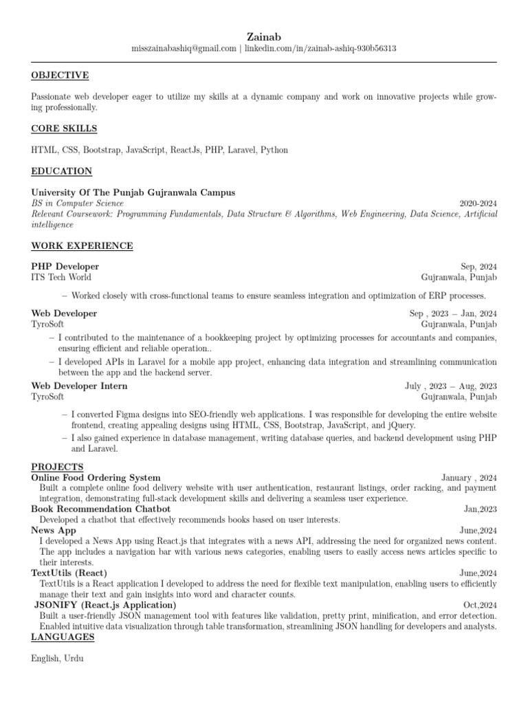 Web Developer Resume of Zainab Ashiq | PDF | World Wide Web | Internet ...