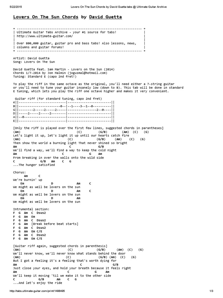 Lovers On The Sun Chords by David Guetta Tabs at Ultimate Guitar ...