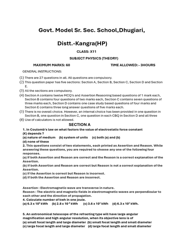 Class 10 Physics Theory Exam Paper | PDF | Atomic Nucleus | Angular ...