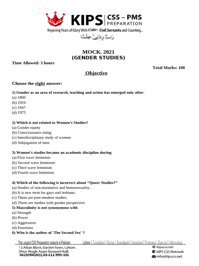 Gender Studies Exam Mock Questions | PDF | Feminism | Gender Studies