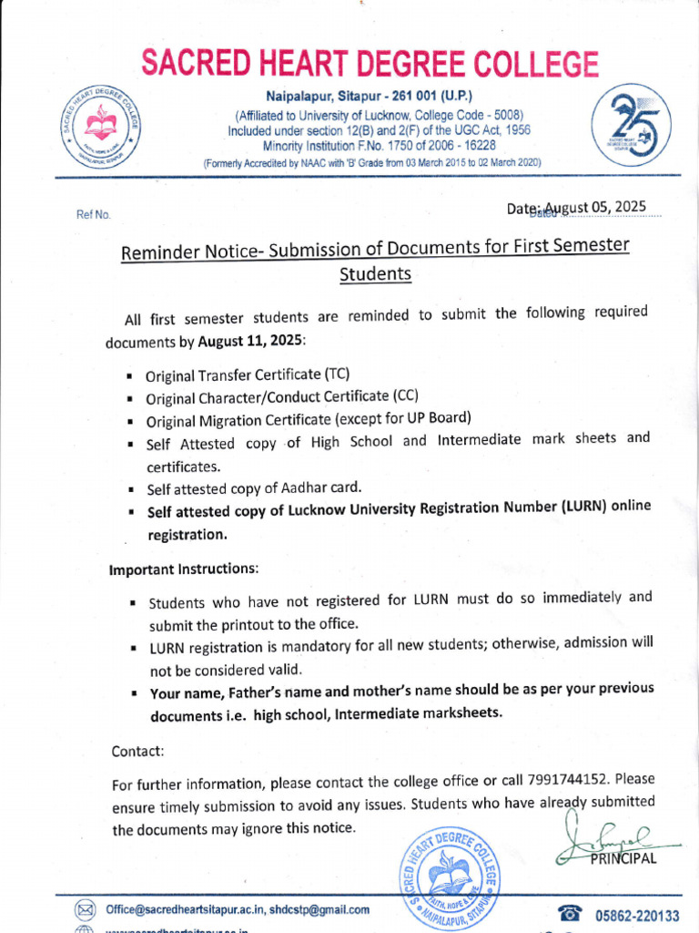 Reminder Notice For I Semester Students (05-08-25) - 250805 - 121858 | PDF