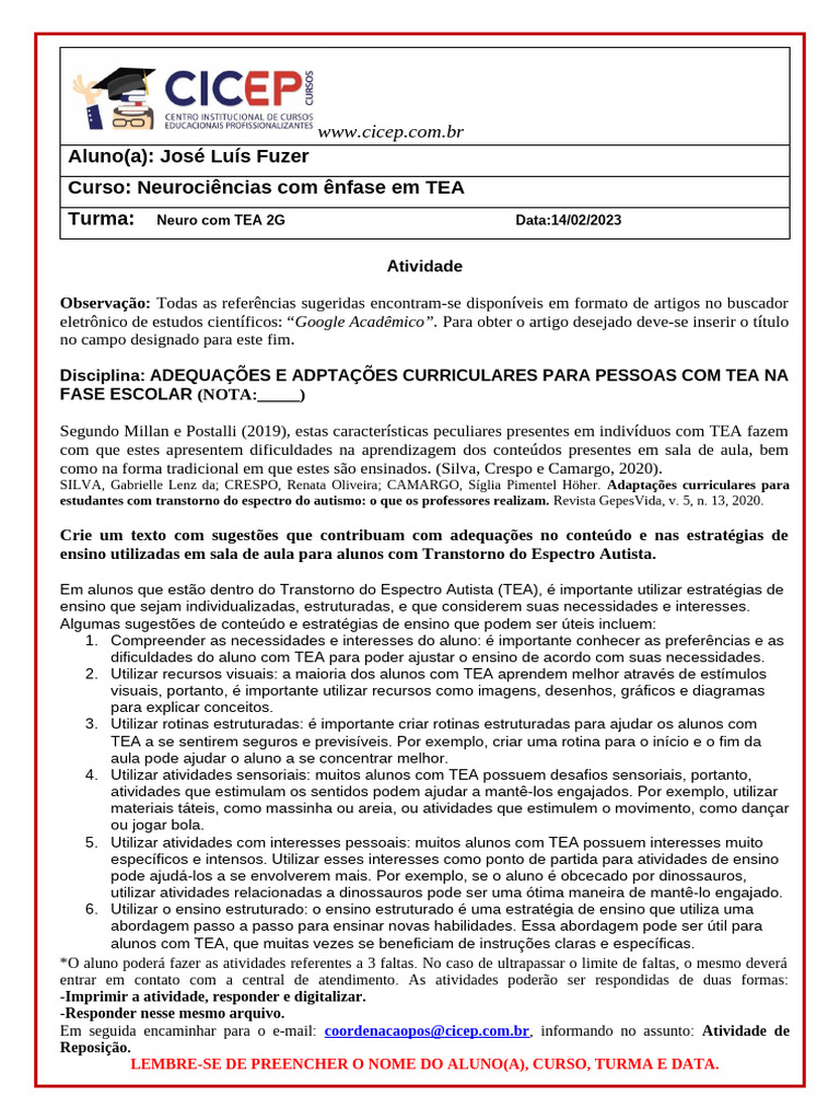 Estratégias de Ensino para Alunos com TEA | PDF | Autismo | Lição