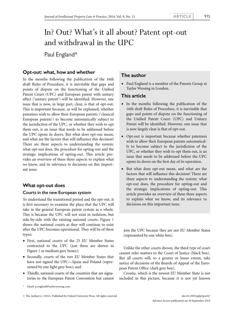 1 in Out What's It All About Patent Opt-out and Withdrawal in the UPC ...