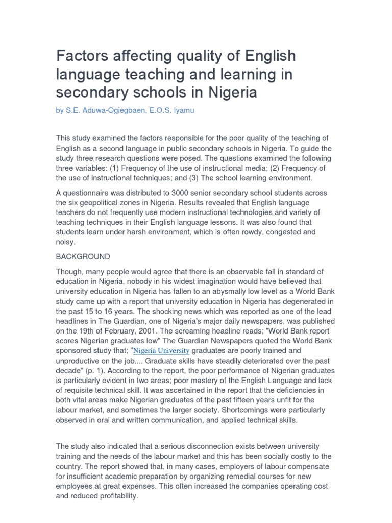Factors Affecting Quality of English Language Teaching and Learning in ...