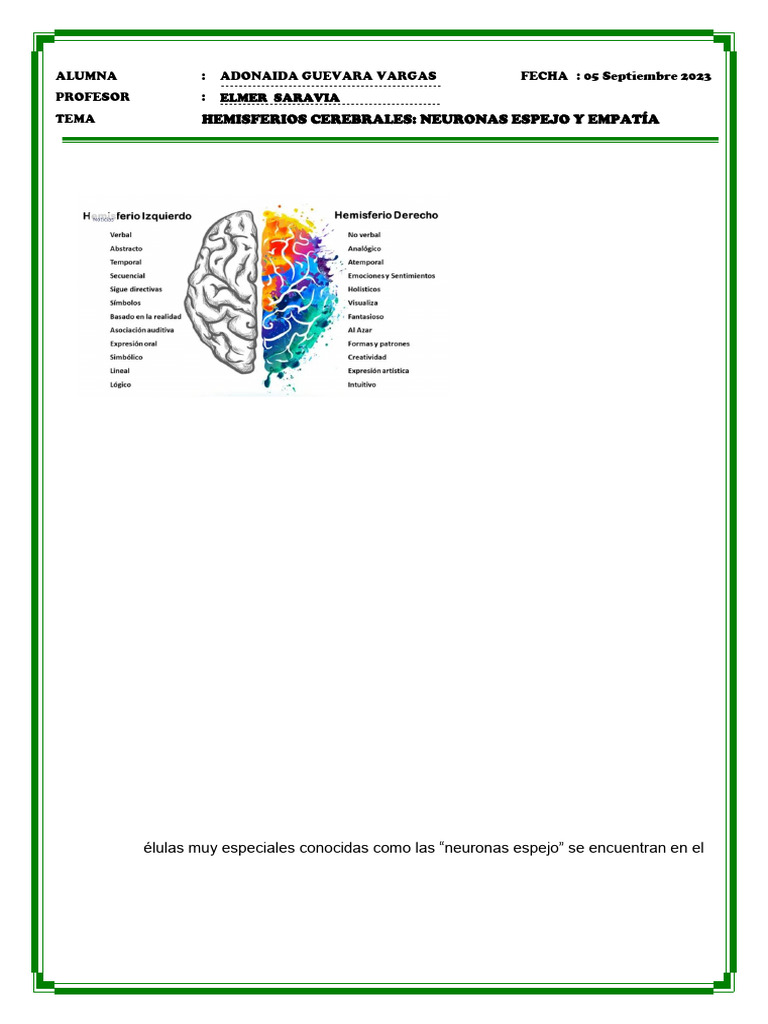 Hemisferios Cerebrales y Empatía | PDF | Cerebro | Hemisferio cerebral