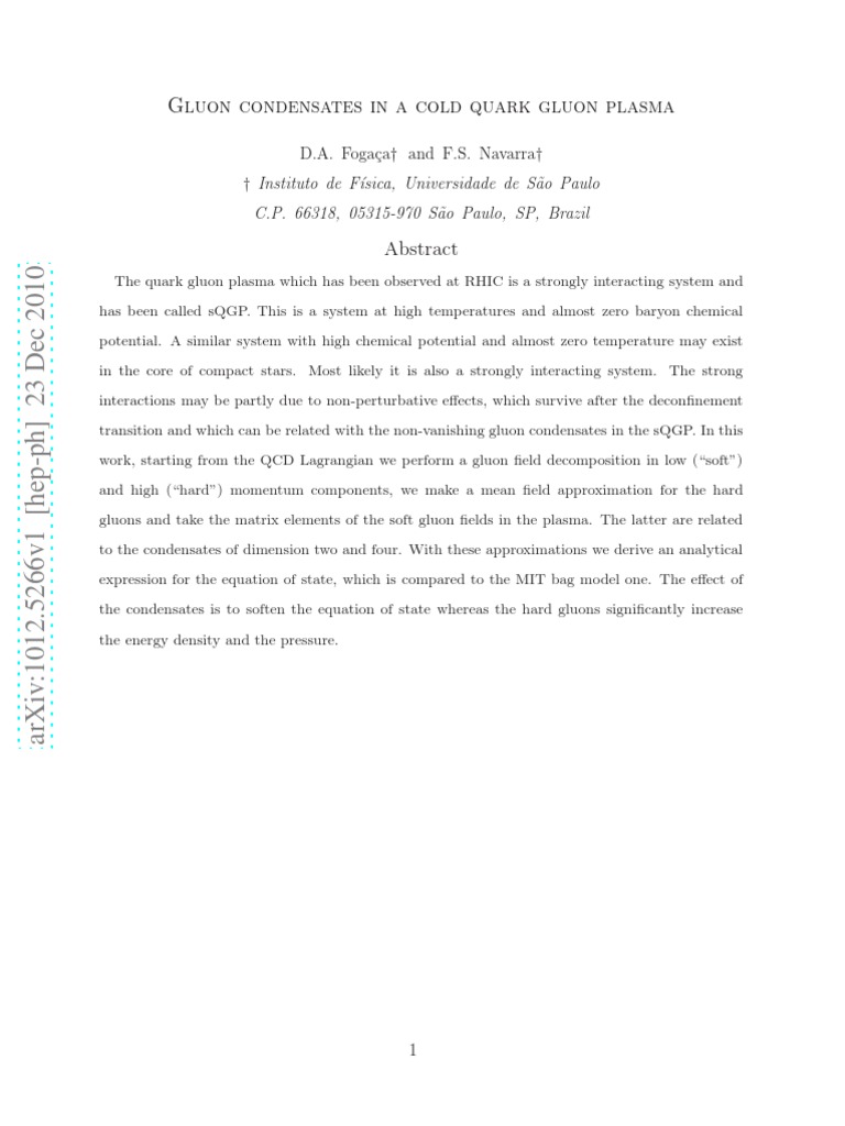 Gluon Condensates in A Cold Quark Gluon Plasma | PDF | Quantum ...