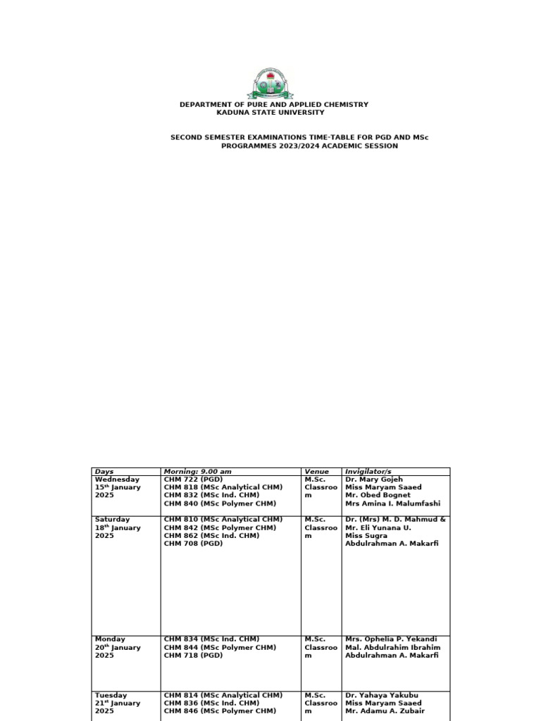 PGD and MSc Exam Timetable 2023/2024 | PDF