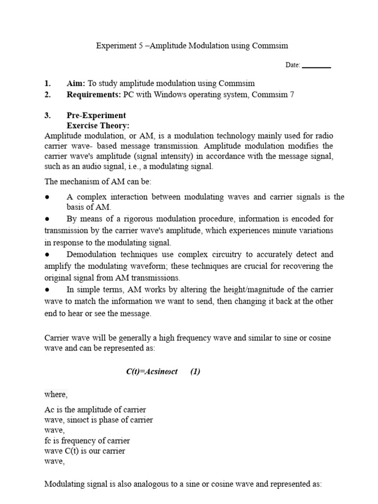 Experiment-5 Amplitude Modulation Using Commsim | PDF | Amplitude ...