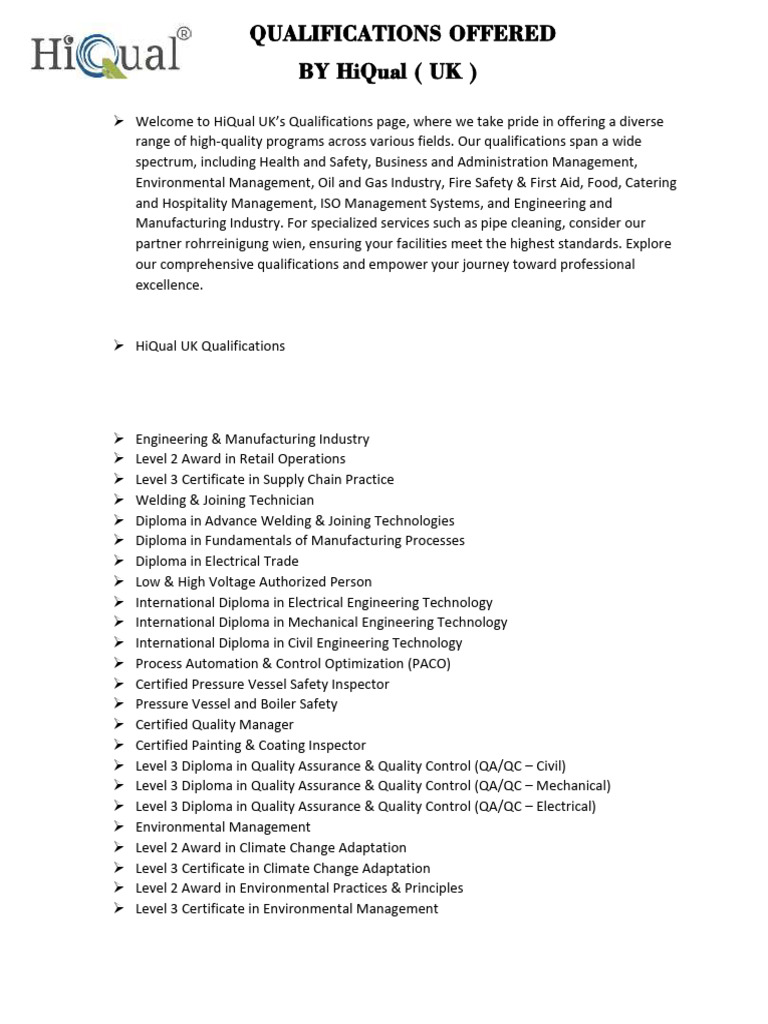 HiQual UK Qualifications Overview | PDF | Occupational Safety And ...