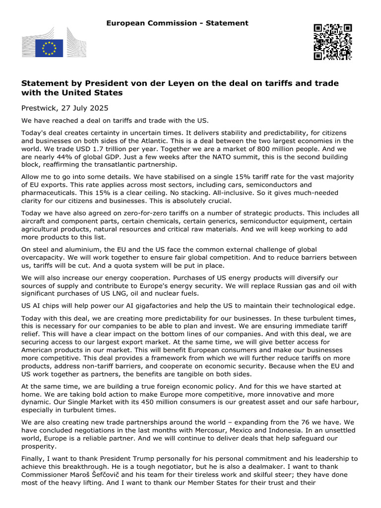 Statement by President Von Der Leyen On The Deal On Tariffs and Trade ...