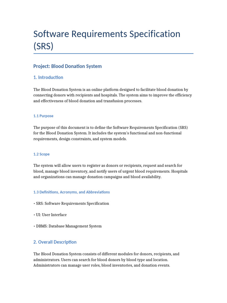Blood Donation System SRS Overview | PDF | Databases | Blood Donation