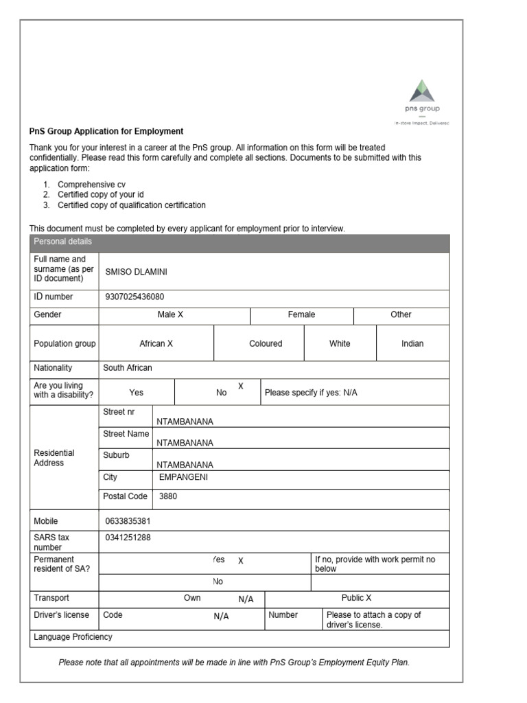 PnS Group Employment Application Form | PDF | Salary