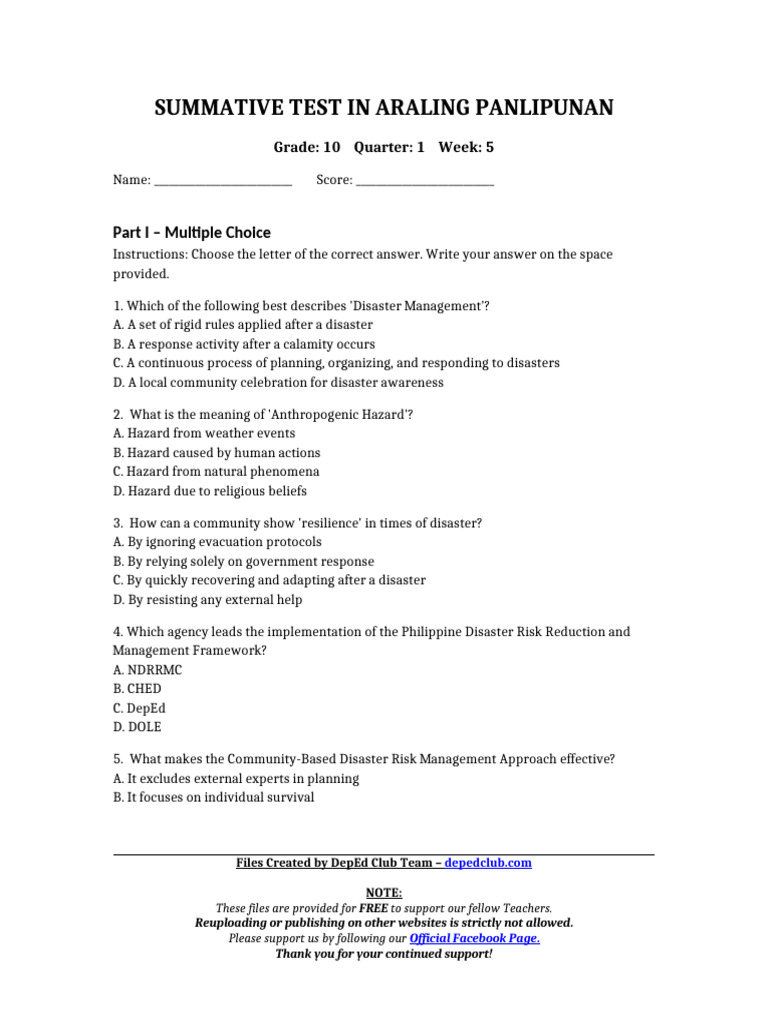 Grade 10 Disaster Management Test | PDF | Emergency Management | Risk