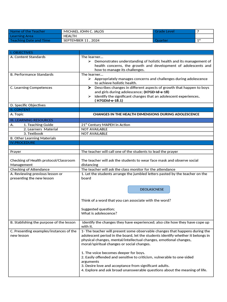 Adolescent Health Changes Lesson Plan | PDF | Learning | Adolescence