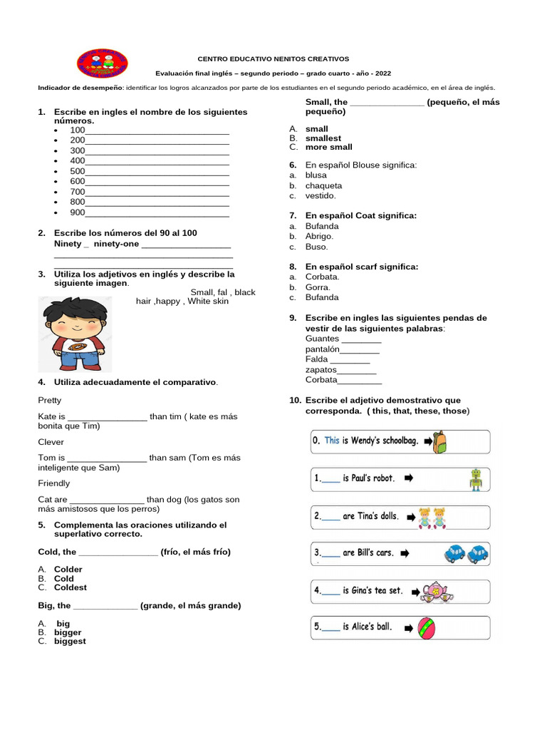 Evaluación de Inglés para Cuarto Grado | PDF | Ropa