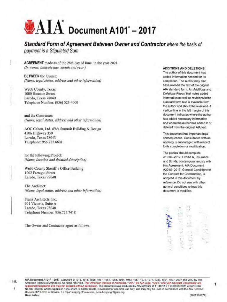 AIA A101-2017 Contract for Webb County | PDF | Damages | Liquidated Damages