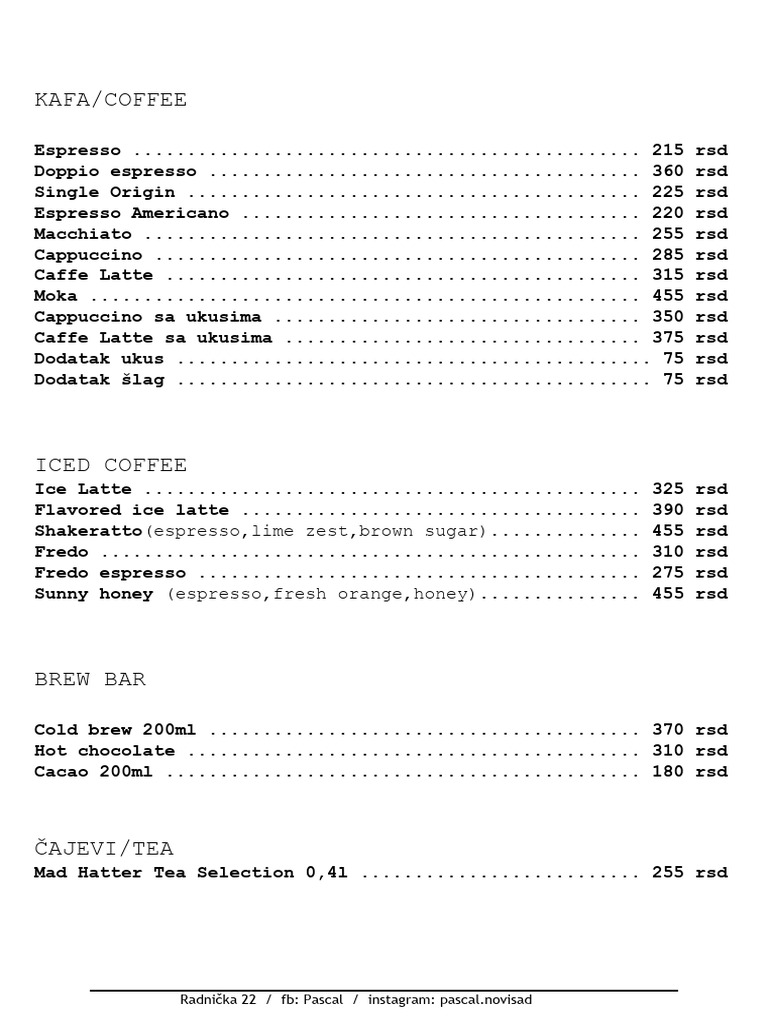 Pascal Novi Sad Menu Overview | PDF | Drink | Non Alcoholic Drinks