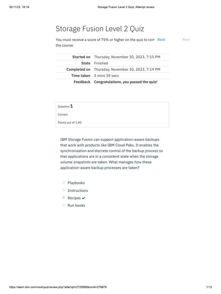 Storage Fusion Level 2 Quiz Review | PDF | Backup | Cloud Computing