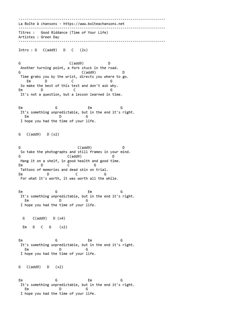 Good Riddance Lyrics and Chords | PDF