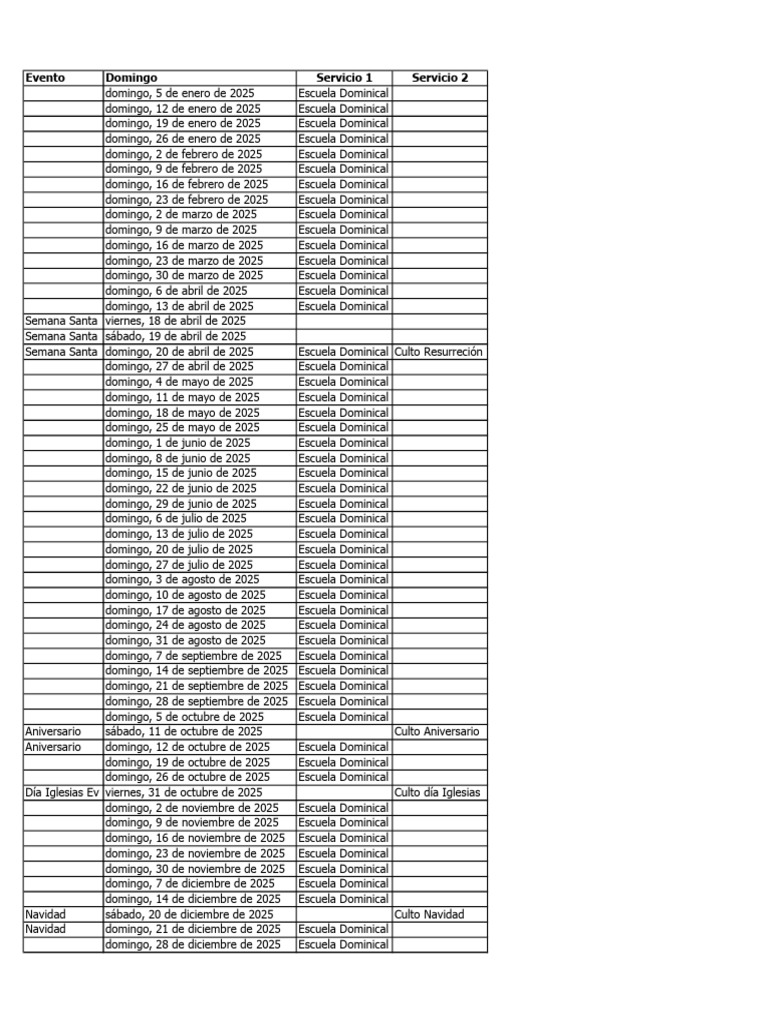 Calendario Escuela Dominical 2025 | PDF | Fiestas cristianas y días santos