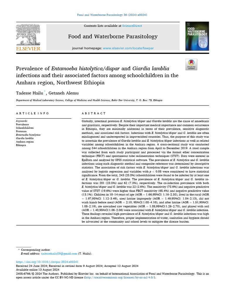 Prevalence of Entamoeba histolytica dispar and Giardia lamblia ...