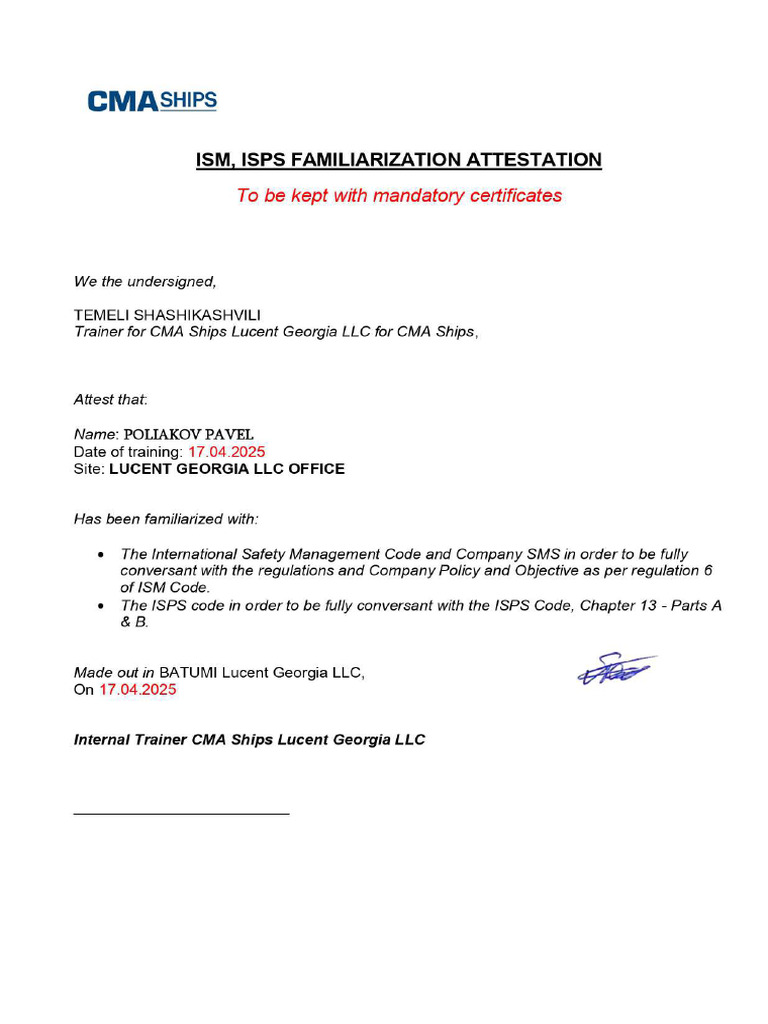 ISM-IsPS Familiarization Attestation - Template | PDF