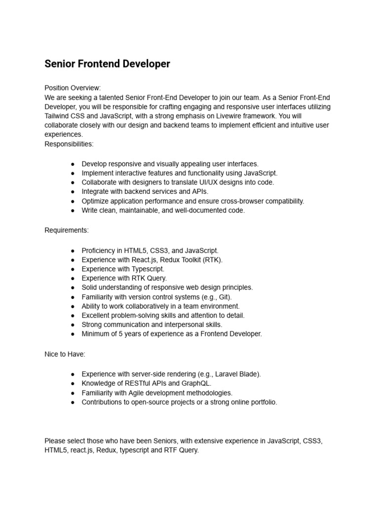Senior Frontend Developer Job Opening | PDF