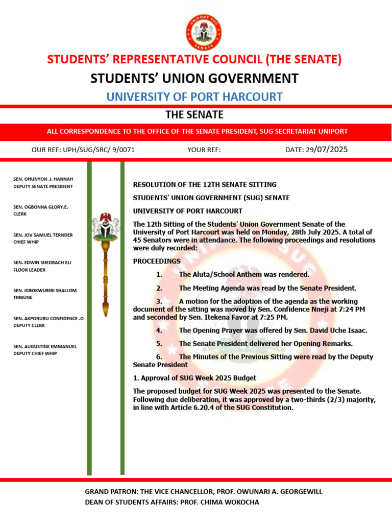 SUG Senate Meeting Resolutions - July 2025 | PDF | Government | Justice