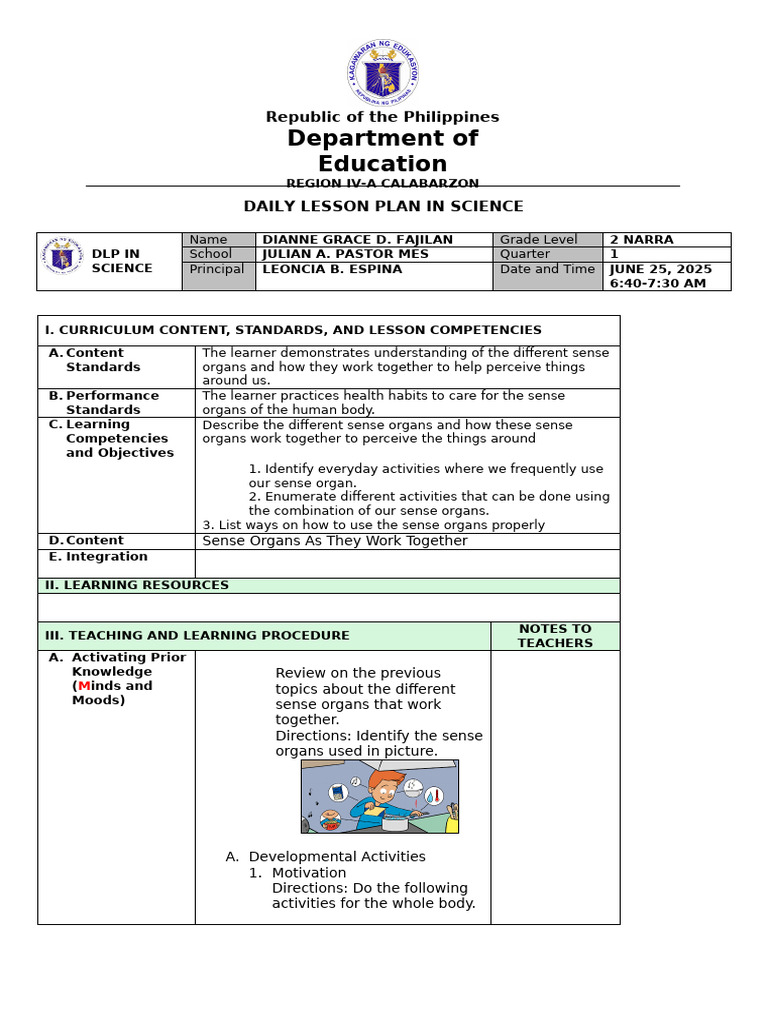 Five Senses Lesson Plan for Grade 3 | PDF | Learning | Neuroscience