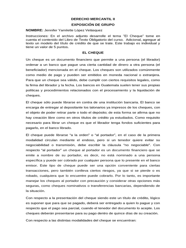 Derecho Mercantil II El Cheque | PDF | Cheque | Bancos